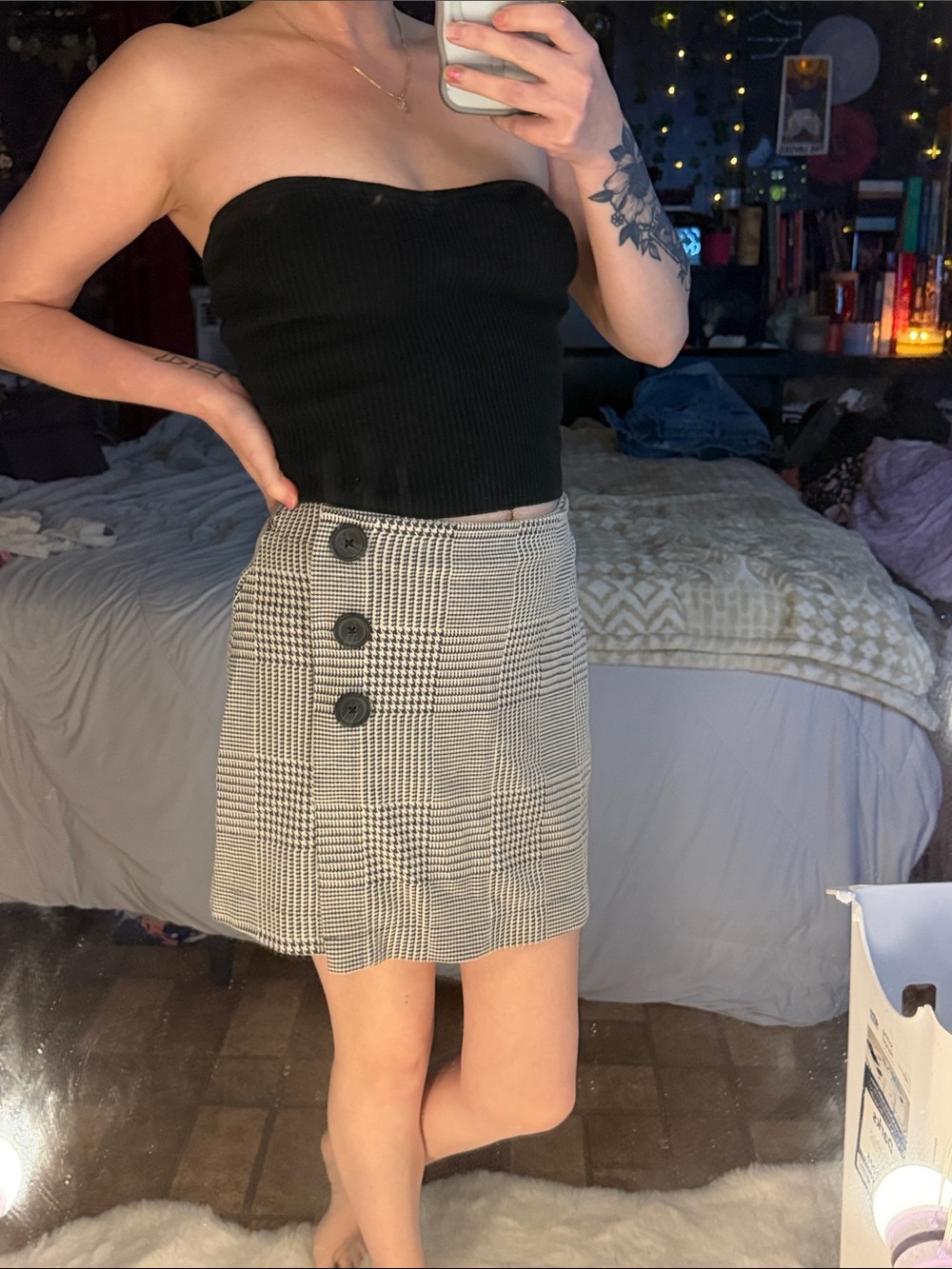 Forever 21 Black & White Glen Plaid Mini Skirt with Button Detail